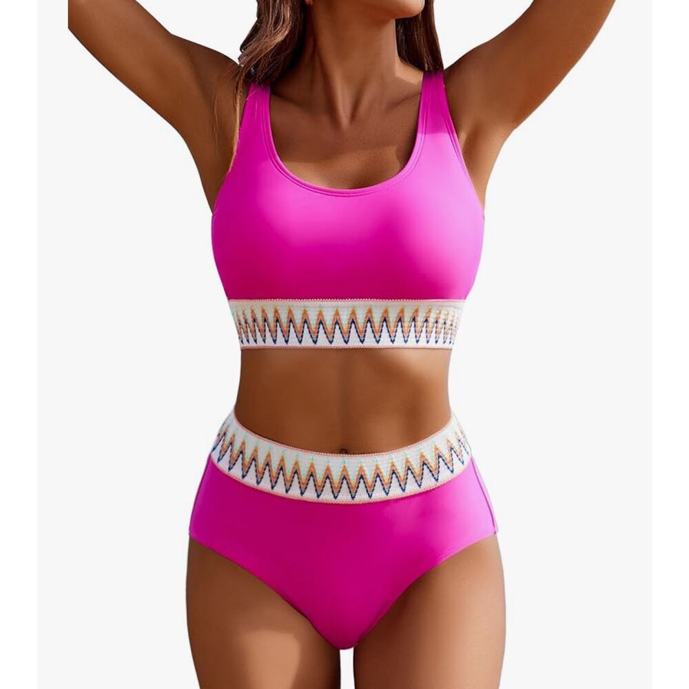Aimage Women's High Waist Two Piece Bikini Set Aztec Swimsuit Pink L Large NEW